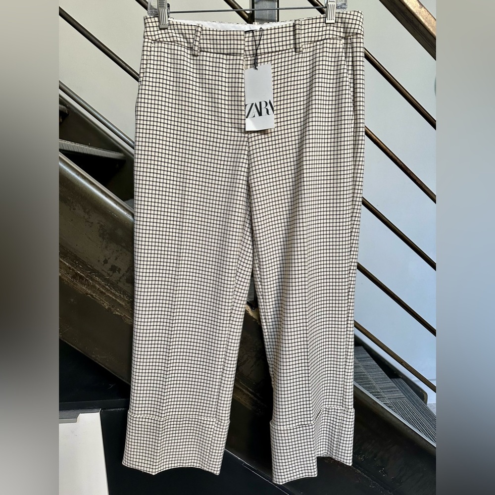 ZARA cropped checked stretch wide leg trousers NWT - Picture 4 of 8